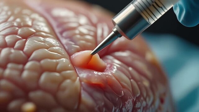 Medical syringe injecting fatty liver disease tissue macro