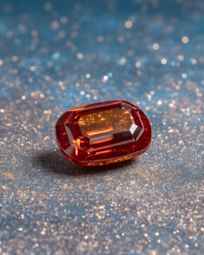 A faceted deep red-orange gemstone resting on a glittering, bokeh-filled surface.