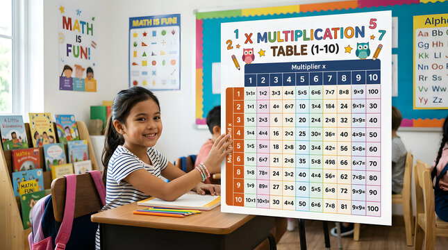 Happy Schoolgirl Learning Multiplication Table in Classroom
