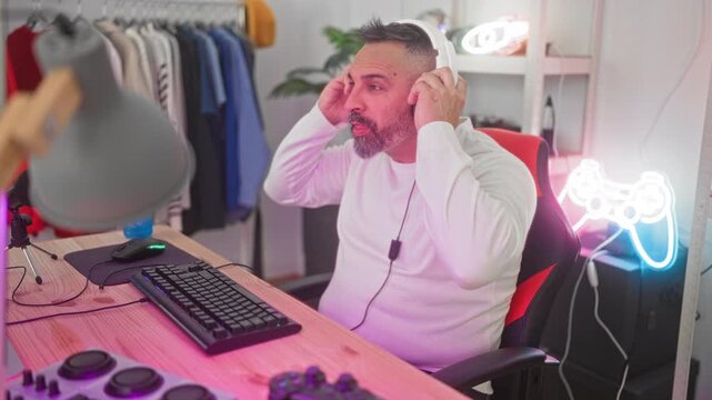 Middle aged man wearing headset reaches for mouse at keyboard in studio, smiling and speaking into microphone while streaming; focus.