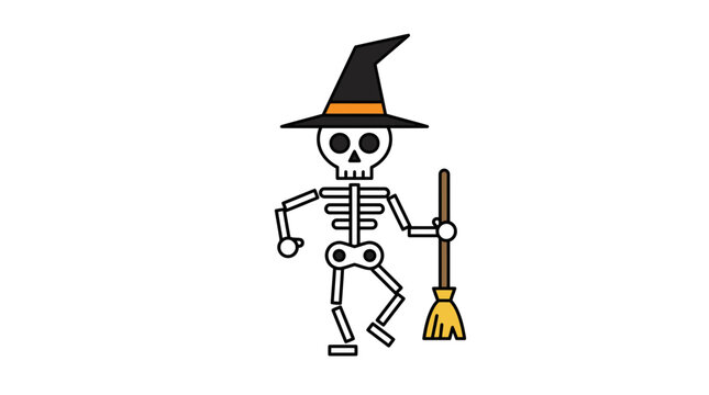 Spooky Halloween Skeleton Wearing a Pointed Witch Hat and Holding a Broomstick, Festive Illustration