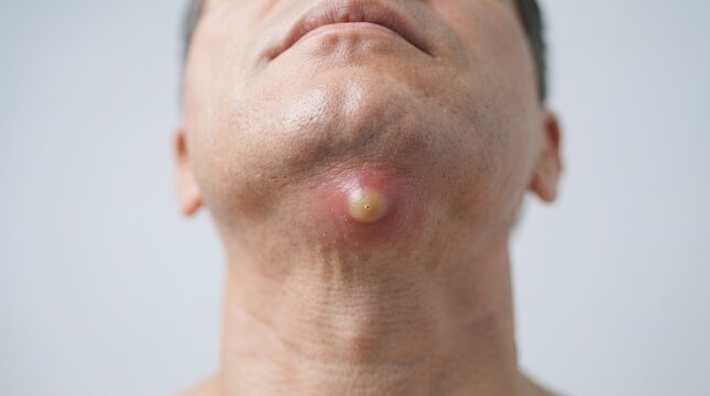 Close up of male chin with large painful inflamed furuncle boil or cystic acne pus bump