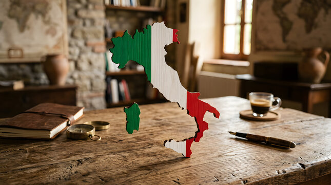 Italy Map with Italian Flag Colors on Rustic Wooden Table