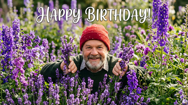 Joyful Senior Man Celebrating Birthday in Lavender Field