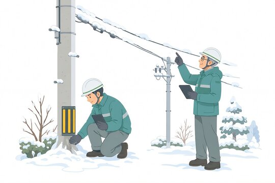 雪や着雪で覆われた電柱と電線を点検する電力会社の作業員｜電柱、電線、電力設備、作業員、点検、積雪、冬
