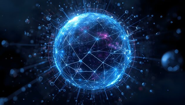 Cybernetic neural planet with glowing interconnected data nodes and digital network lines