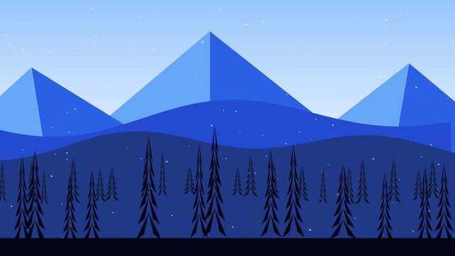Winter mountain landscape animation with falling snow