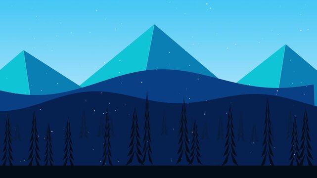Mountain landscape animation with falling snow in flat design