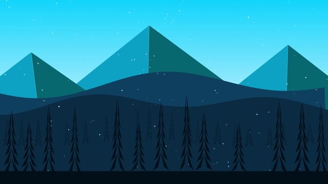 Winter mountain landscape with falling snow animation