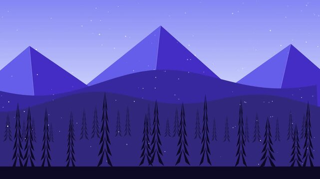 Winter mountain landscape with falling snow animation