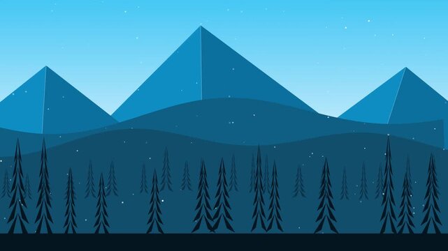 Winter mountain landscape animation with falling snow