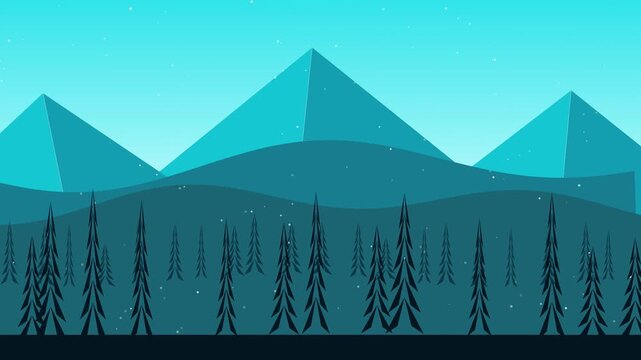 Winter mountain landscape with falling snow animation