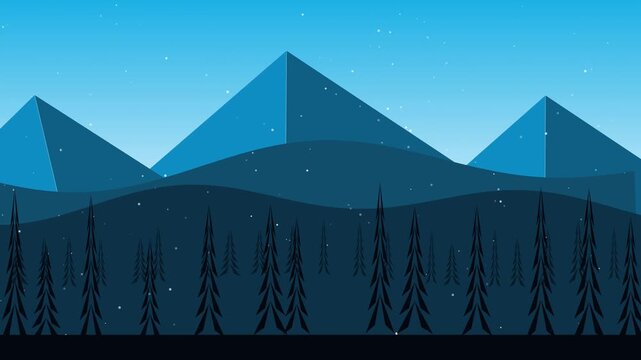 Flat winter landscape with mountains and falling snow