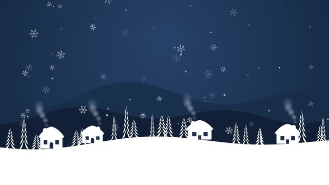 Winter village landscape with falling snow and cozy houses