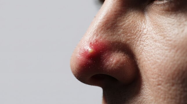 Macro Close Up of Nose with Large Pus Filled Pimple Pustule or Boil