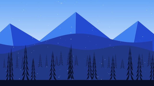 Winter mountain landscape with falling snow animation