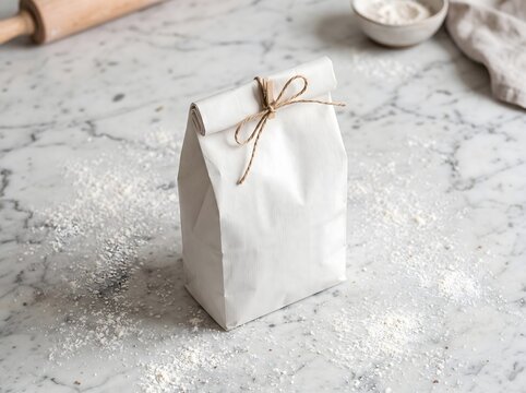 Blank White Paper Bag Tied with Twine and a Wooden Clothespin on a Marble Kitchen Counter Dusted with Flour Ideal for Bakery Packaging Mockups and Artisan Food Branding Presentations
