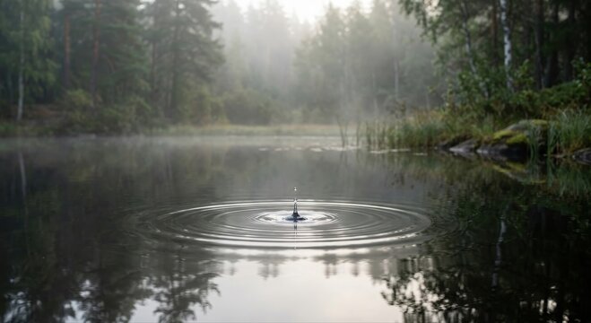 Serene Forest Lake with Misty Morning Fog and Water Drop Ripples Reflecting Trees