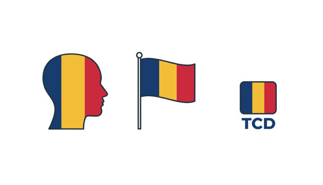 Country profile flag set for chad featuring a head silhouette flag, national flag on pole, and abbreviation icon.
