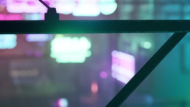 Bright neon lights shine in the background as the city nightscape is visible through a window frame. The scene captures the energy of urban life and nightlife.