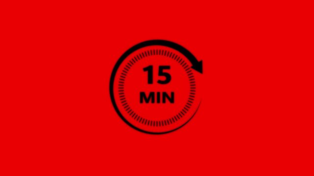 Abstract clock black icon animation. Circle clock 15 minutes icon Digital and analogy clock 15 minutes isolated on red background. and creating a stunning 4k video. 