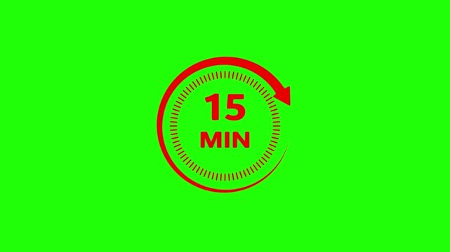 Abstract clock red icon animation. Circle clock 15 minutes icon Digital and analogy clock 15 minutes isolated on green background. and creating a stunning 4k video. 