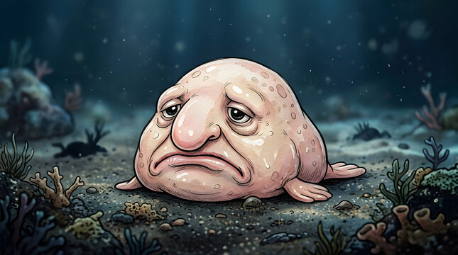 Sad Deep-Sea Creature with a Cape in a Twilight Ocean Scene