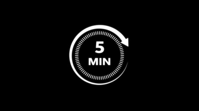 
Abstract clock white icon animation. Circle clock 5  minutes icon Digital and analogy clock 5 minutes isolated on black background. and creating a stunning 4k video. 