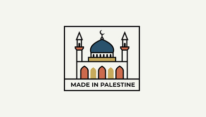 Fototapeta premium Made in palestine label design featuring a cute cartoon mosque with blue dome and text banner inside a black frame.