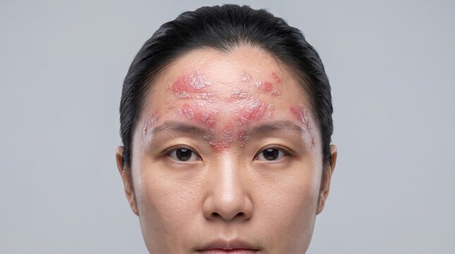 Close up portrait of Asian woman face with severe plaque psoriasis and red scaly skin lesions