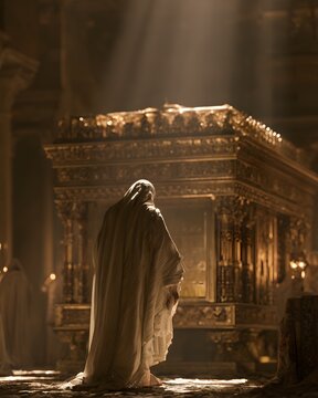Sacred figure in draped robe praying before golden ark in holy sanctuary with heavenly light