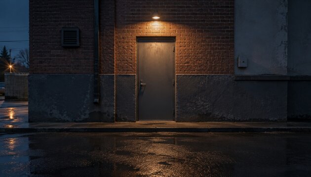 Metal door illuminated on a brick wall at night