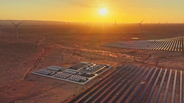 Energy storage station at sunset, new energy, shared power energy, solar photovoltaic power plant