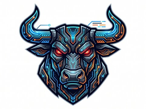 Cyber tech bull head logo design with circuit patterns for gaming and technology branding, vector isolated on white