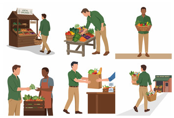 Fototapeta premium Set of flat vector illustrations of people shopping at a local organic farmers market, buying fresh vegetables and supporting sustainable agriculture.