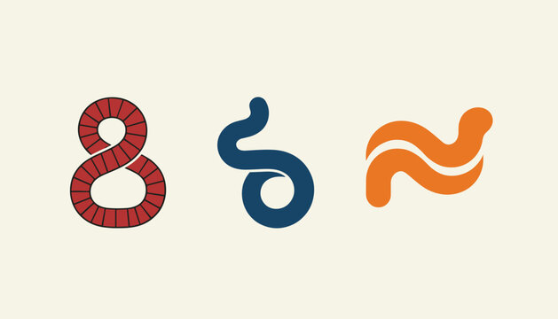 Three abstract stylized animal logo designs representing worms or snakes in red, blue, and orange colors on a light background.