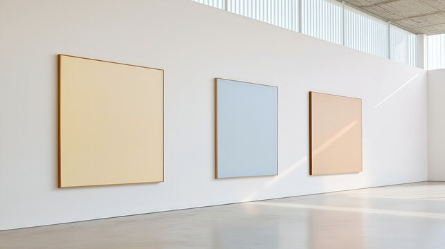 Minimalist abstract art in bright gallery with clean negative white space