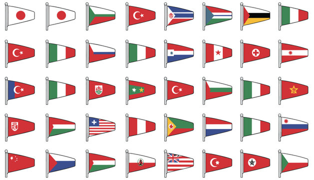 Grid of forty colorful international flag pennants representing various countries of the world on a white background.