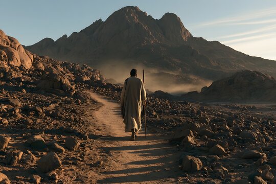 Solitary figure with staff walking on a dusty desert path towards a distant majestic mountain