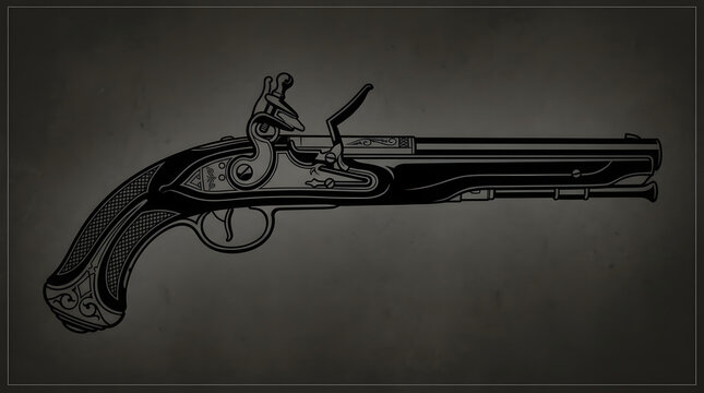Vintage Flintlock Pistol Illustration in Black and White
