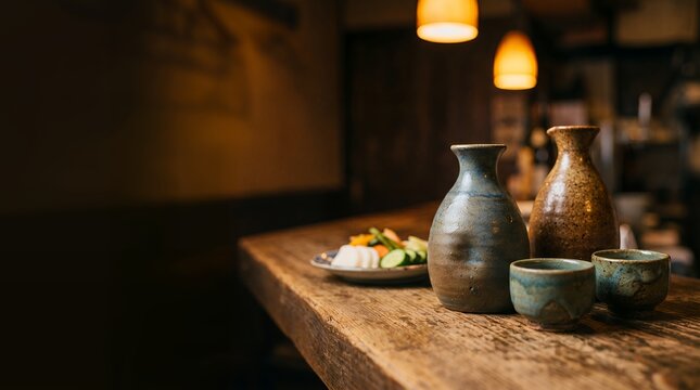 Authentic Japanese Ceramic Sake Set on a Rustic Wooden Counter at Izakaya