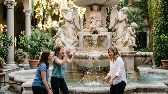 Young Women Enjoying Playful Moment at Ornamental Fountain in Garden
