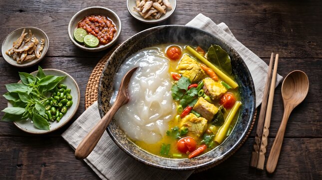 Traditional papeda made from sago served with aromatic yellow fish soup, fresh herbs, chilies and vegetables in an elegant rustic dining setting.