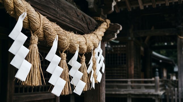 Authentic Japanese Culture Sacred Shimenawa Rope with White Shide at a Historic Shrine