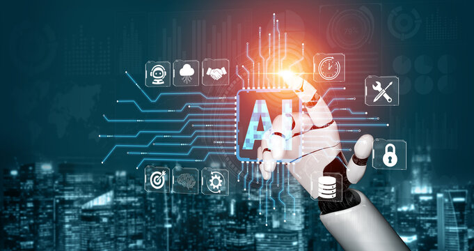 Futuristic Robot Hand Interacting with AI Interface and Digital Icons Representing Technology, Data, Automation, and Innovation in a Modern City Background Fluxor.