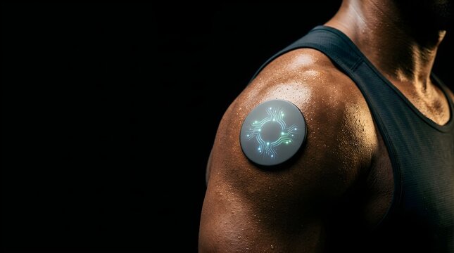 Athlete with glowing digital health sensor patch on shoulder isolated
