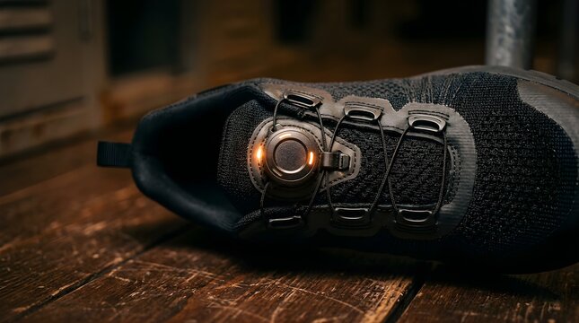 Black modern running shoe with mechanical dial lace system on wood floor