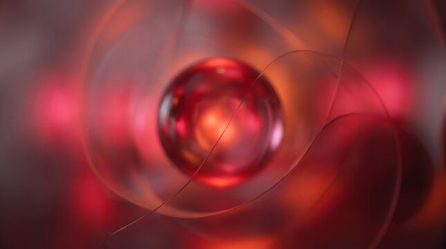 Glowing red glass sphere with abstract light refraction and soft bokeh background