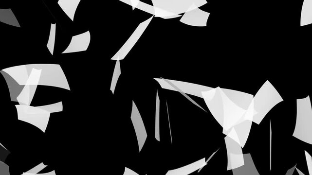 White paper falling from above overlay, black background. Blank paper sheets falling down with luma matte, paper sheets flying and explosion effect. White papers falling down on black background.