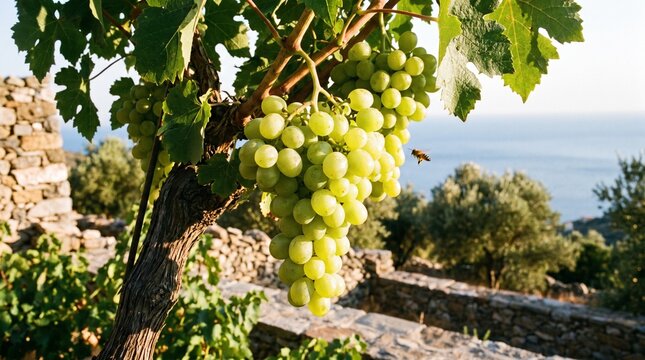 Fresh green grapes hanging on a vine in a sunny vineyard overlooking the Mediterranean sea.